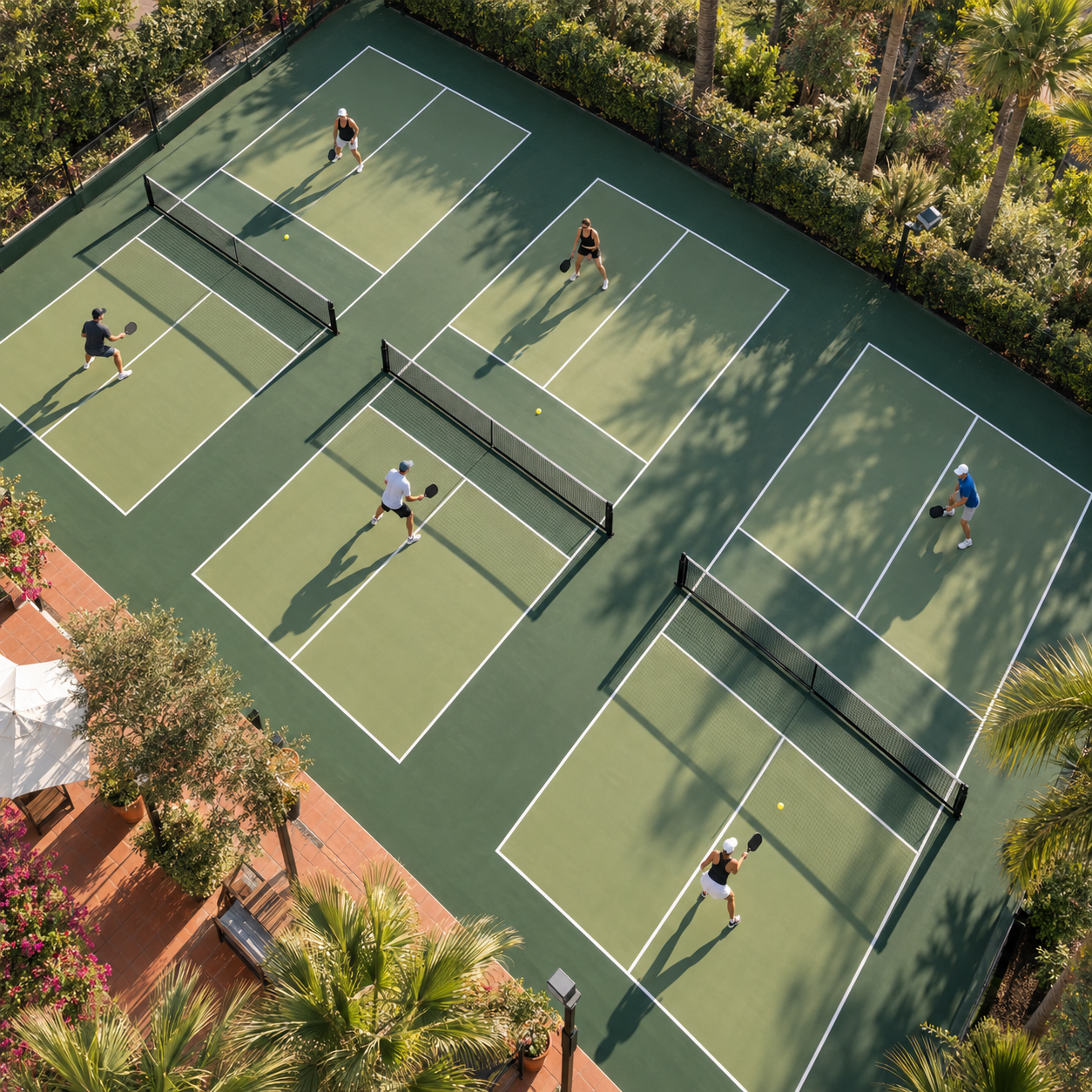 Sunlit outdoor courts surrounded by green trees